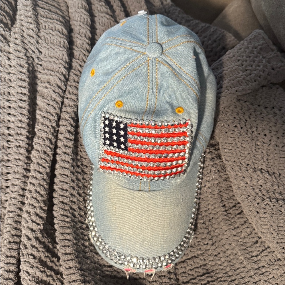 American Flag Denim Jean Cap USA Hat - Bling - Distressed